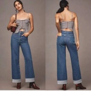 PILCRO Womens Jeans Denim Blue Cuffed Wide Leg Size 31P Anthropologie Normcore